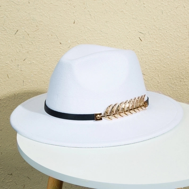 Unisex Retro Classic Style Leaves Solid Color Belt Buckle Wide Eaves Fedora Hat