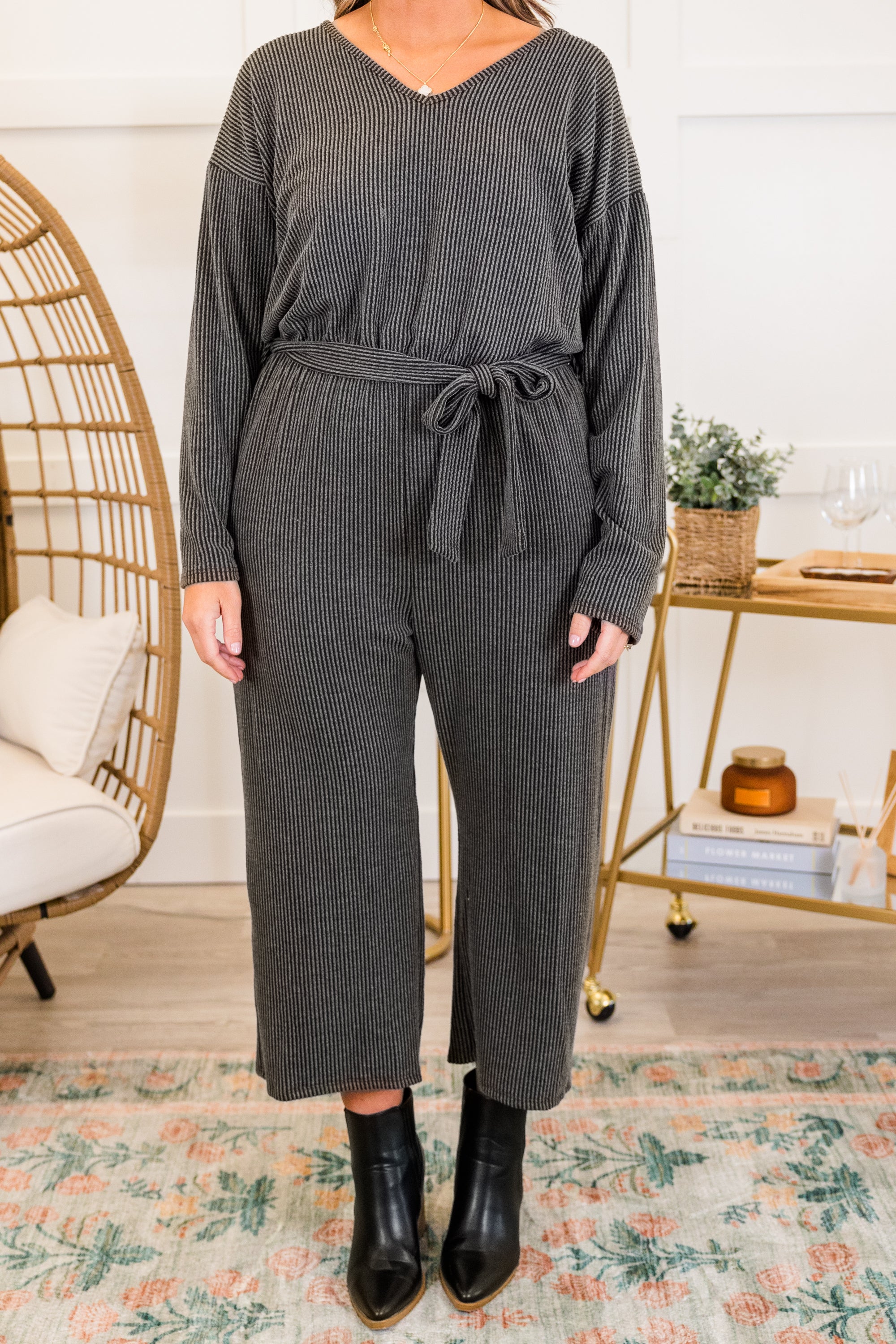 Firepits and Cozy Knits Jumpsuit. Charcoal