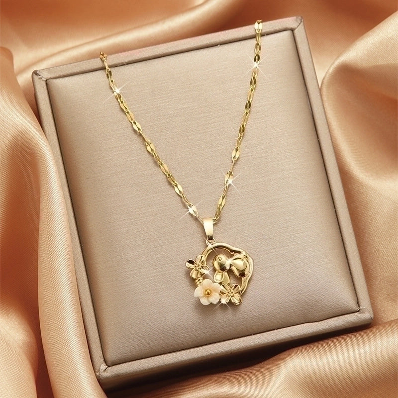 3 Pieces Lady Heart Shape Flower Titanium Steel Plating Inlay Zircon Gold Plated Pendant Necklace
