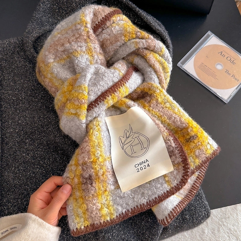 Atmosphere Color-Contrast Check Circle Hair Scarf Women's Winter Warm All-Matching Affordable Luxury Fashion Temperament Shawl