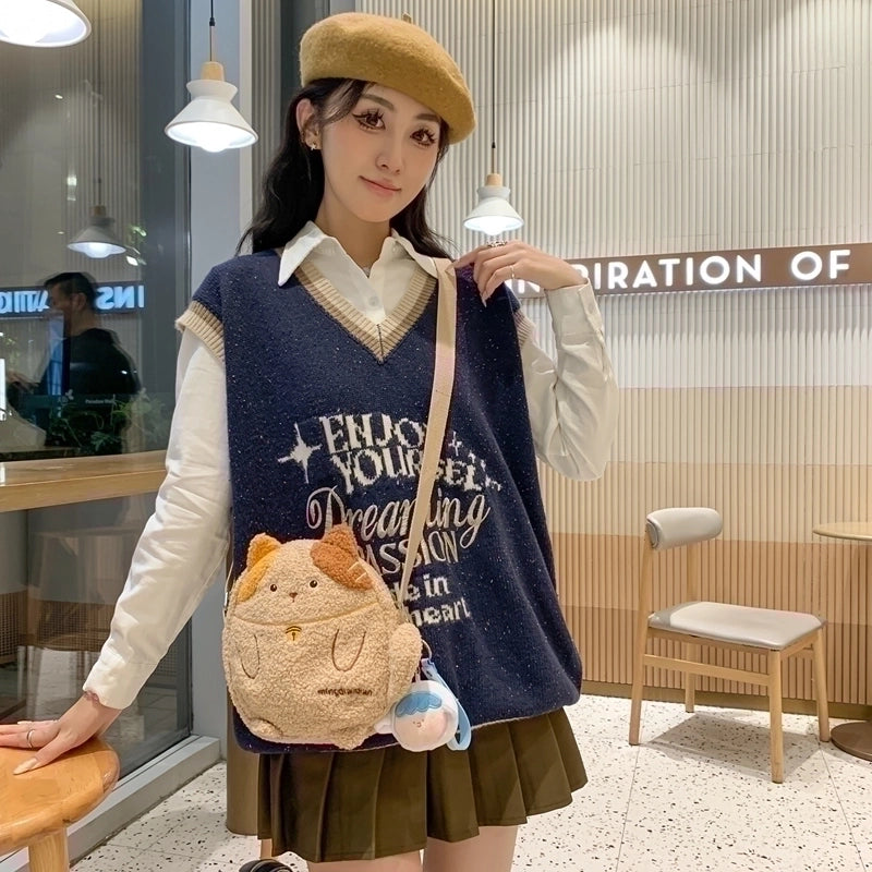 Women's Plush Cat Cute Classic Style Streetwear Ornament Sewing Thread Oval Zipper Crossbody Bag Coin Purse