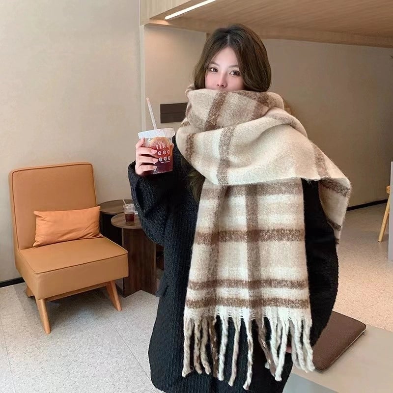 Autumn And Winter Thickened Scarf Women's  Rainbow Plaid Tassel Mohair Shawl Student Versatile Warm Scarf Fashion