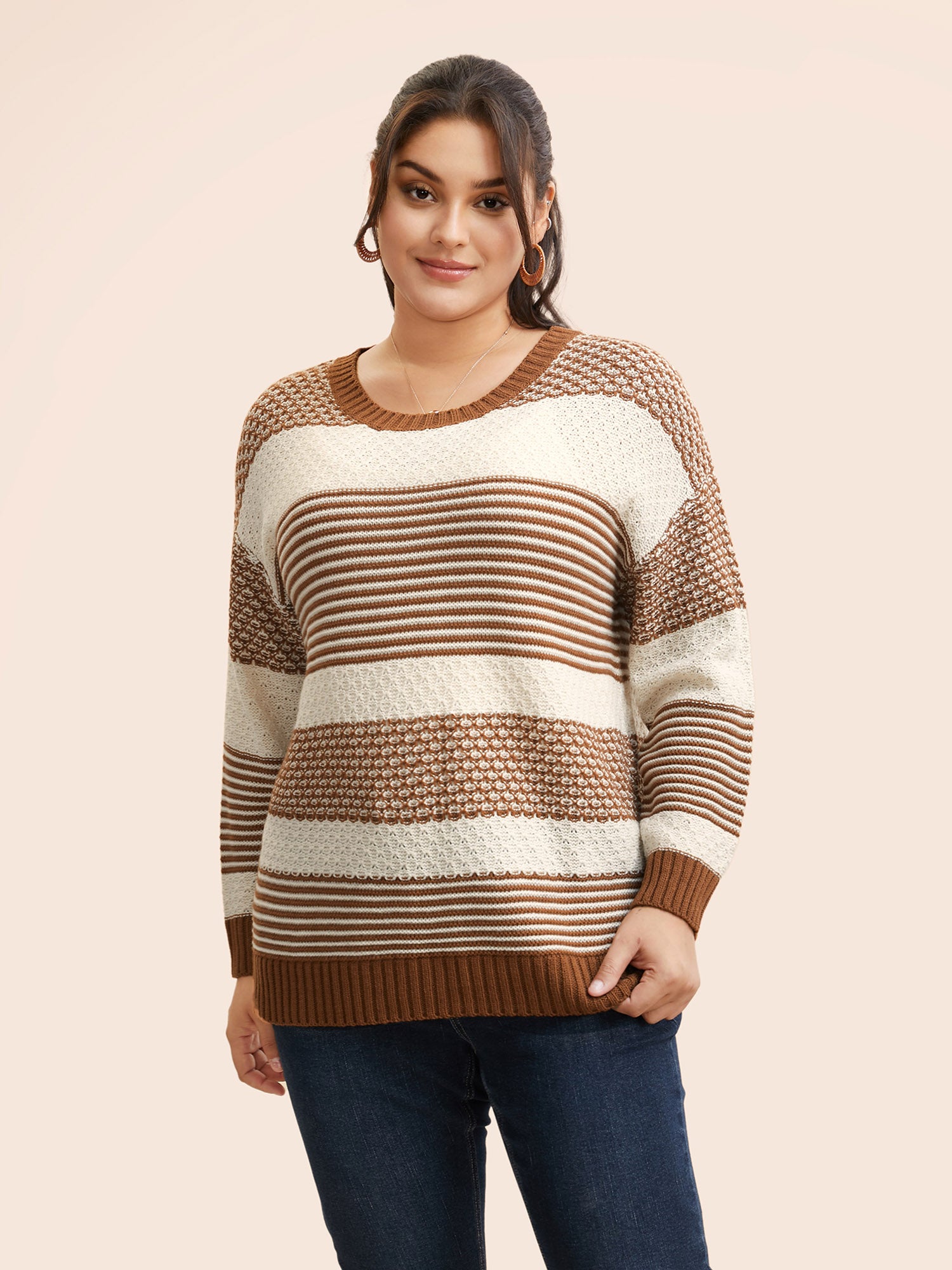 Round Neck Striped Patchwork Texture Pullover