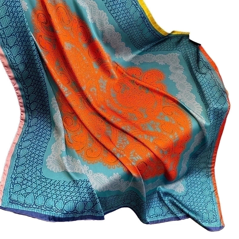 Classic Blue Orange Big Flower Simulation Silk Scarf Large Square Shawl