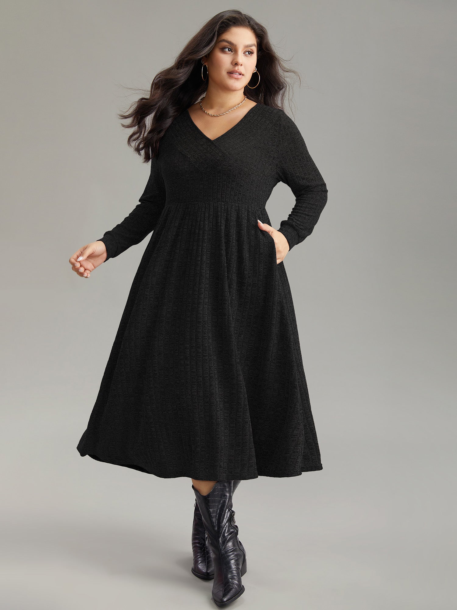 Rib Knit Plain Plisse Long Sleeve Dress