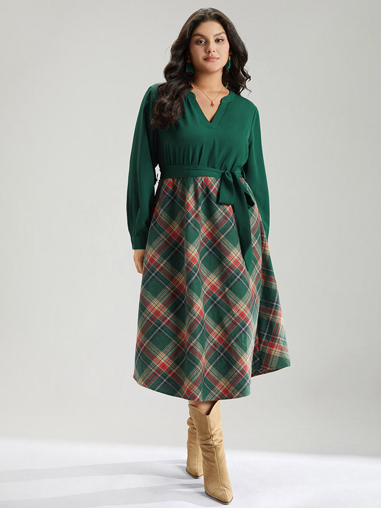 Twill Plaid Print Notched Contrast Belted Dress