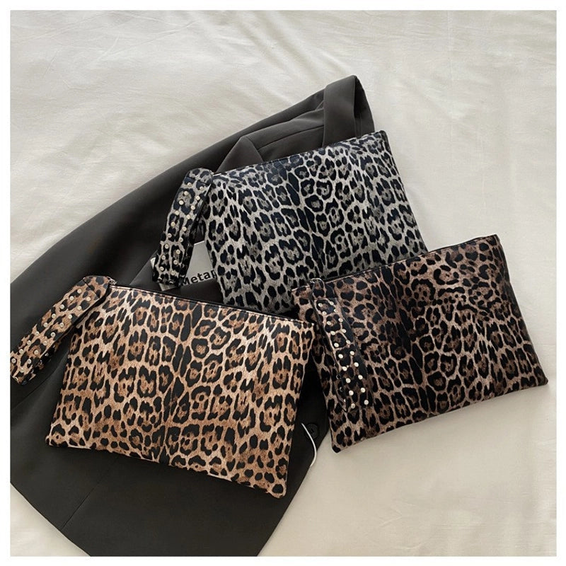 Black Brown Coffee Pu Leather Leopard Sewing Thread Square Clutches