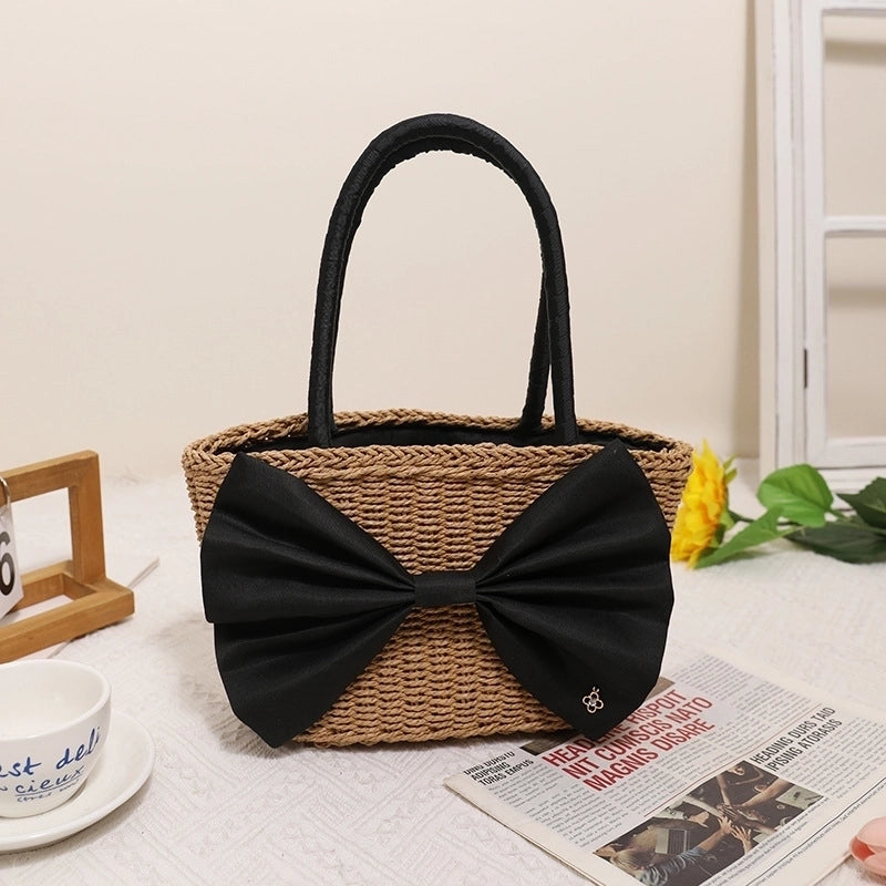Women's Medium Straw Bow Knot Vintage Style Square String Straw Bag