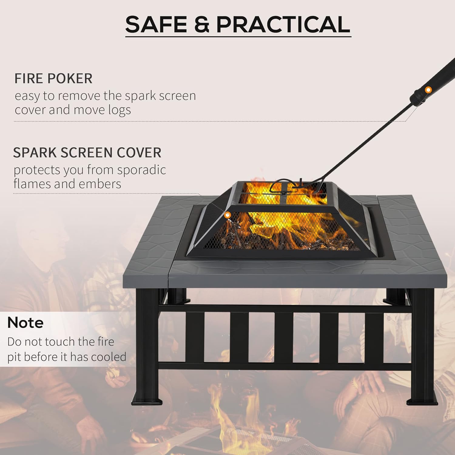 Outsunny 34' Outdoor Fire Pit Square Steel Wood Burning Firepit Bowl With Spark Screen. Waterproof Cover for Backyard. Camping. BBQ. Bonfire