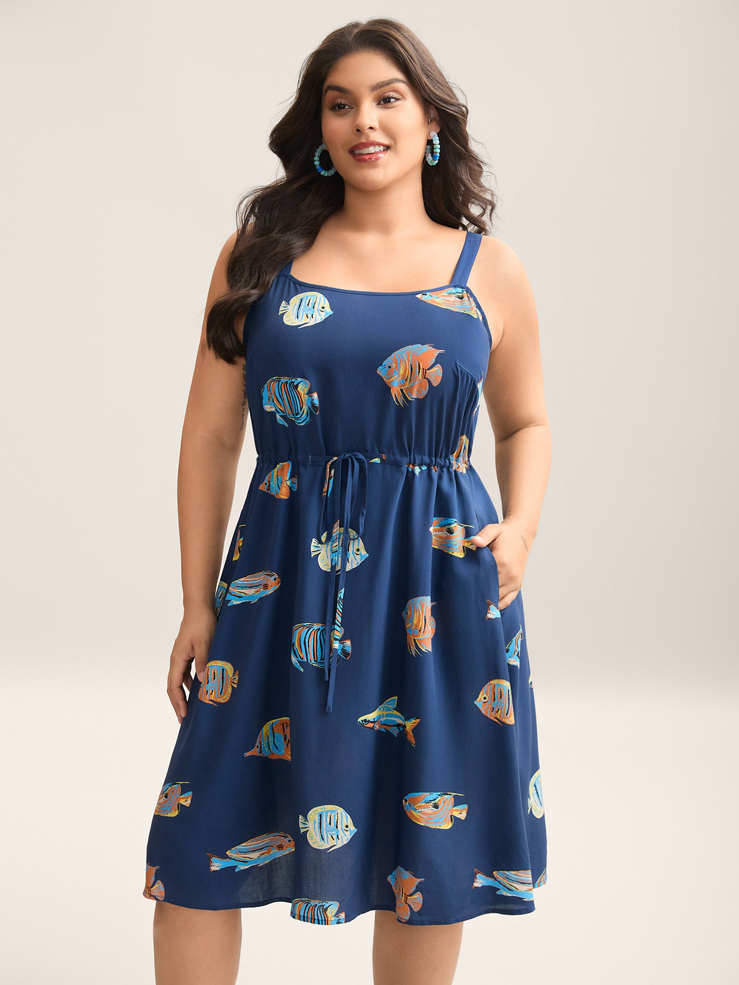 Fish Print Waist-Tie Cami Midi Dress