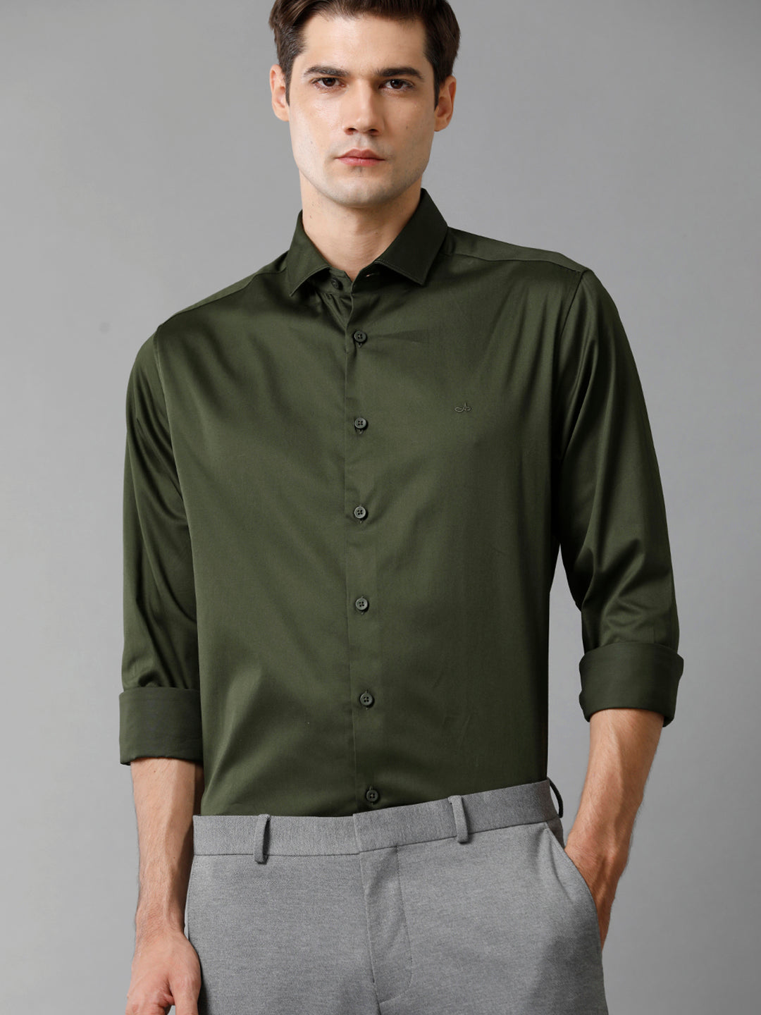 Mens Regular Fit Solid Olive Green Formal Satin Shirt (SAUOL)