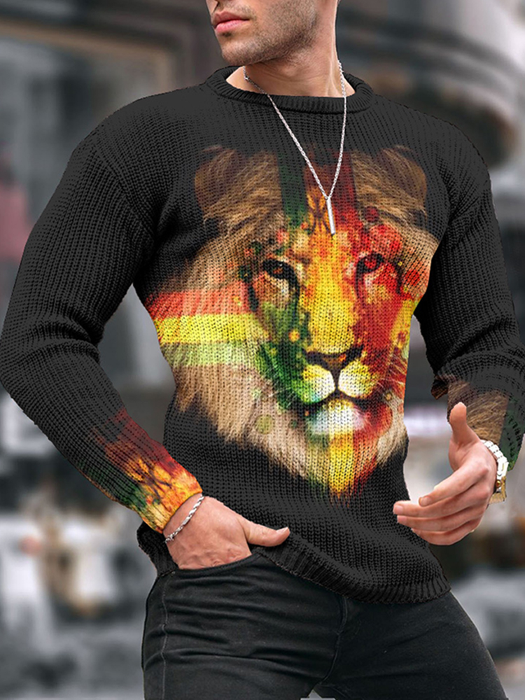 Gradient Lion Fashion Reggae Jacquard Iceland Crew Neck Sweater