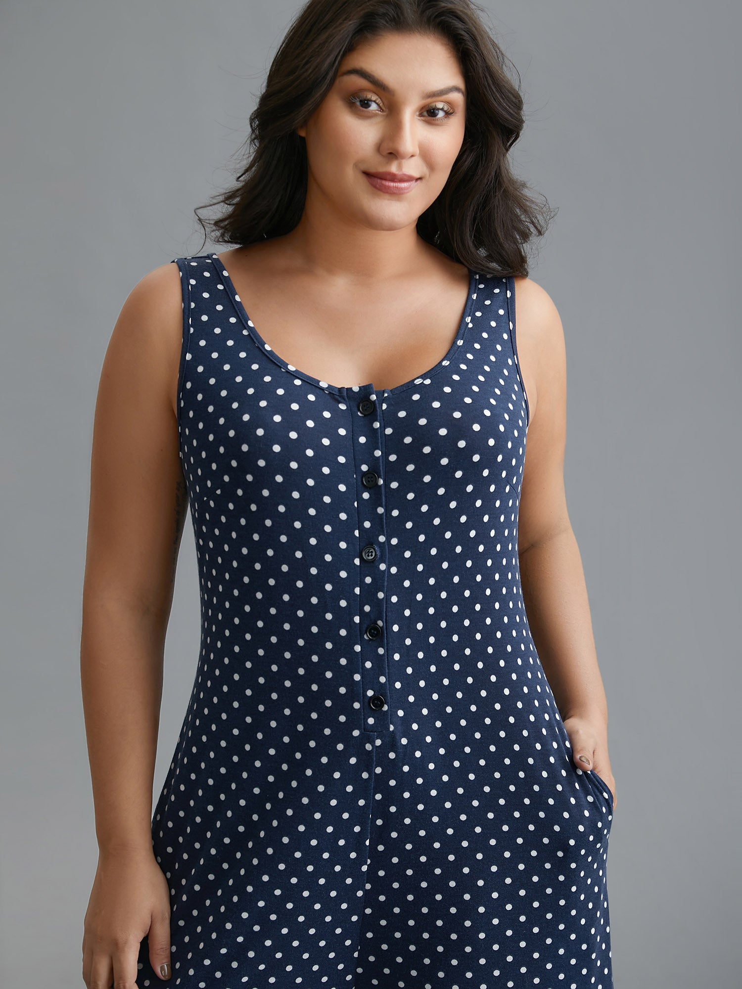 U Neck Polka Dot Button Up Sleep Jumpsuit