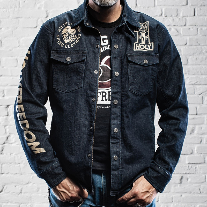 Retro Motorcycle Denim Print Single-Breasted Jacket