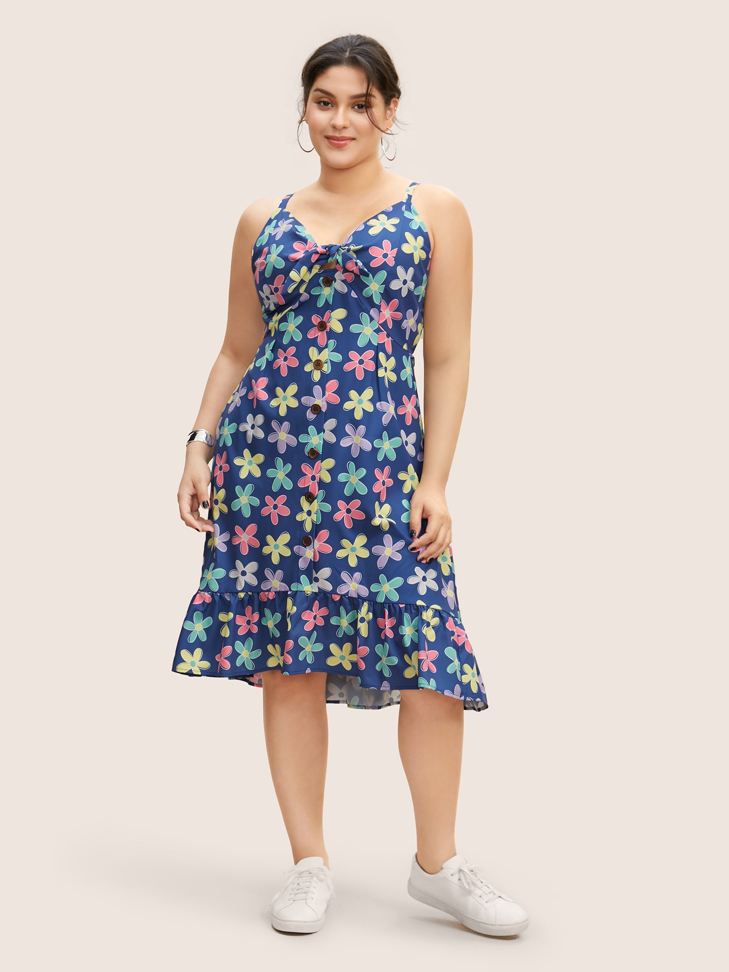 V Neck Floral Twist Front Button Detail Dress