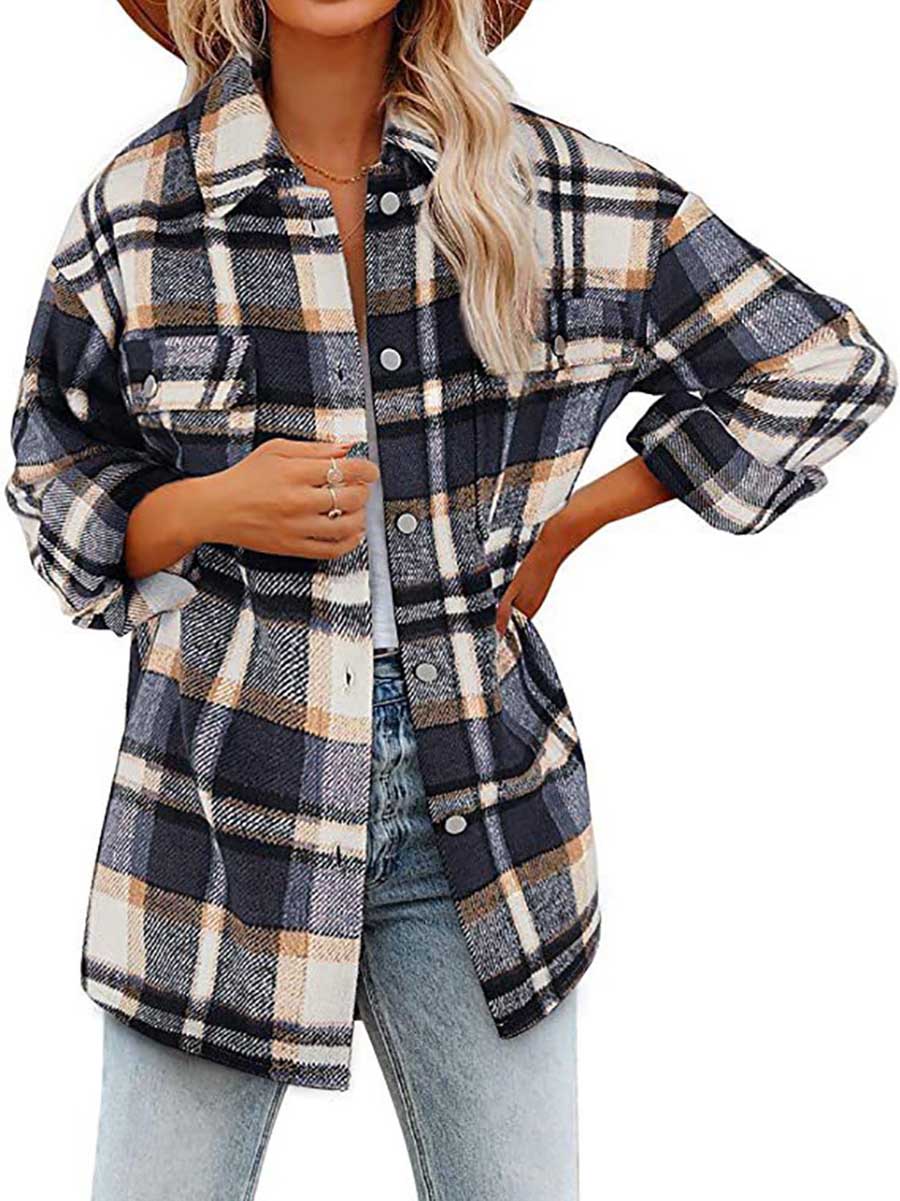 Autumn and Winter Long-sleeved Lapel Loose Plaid Thickened Tweed Jacket