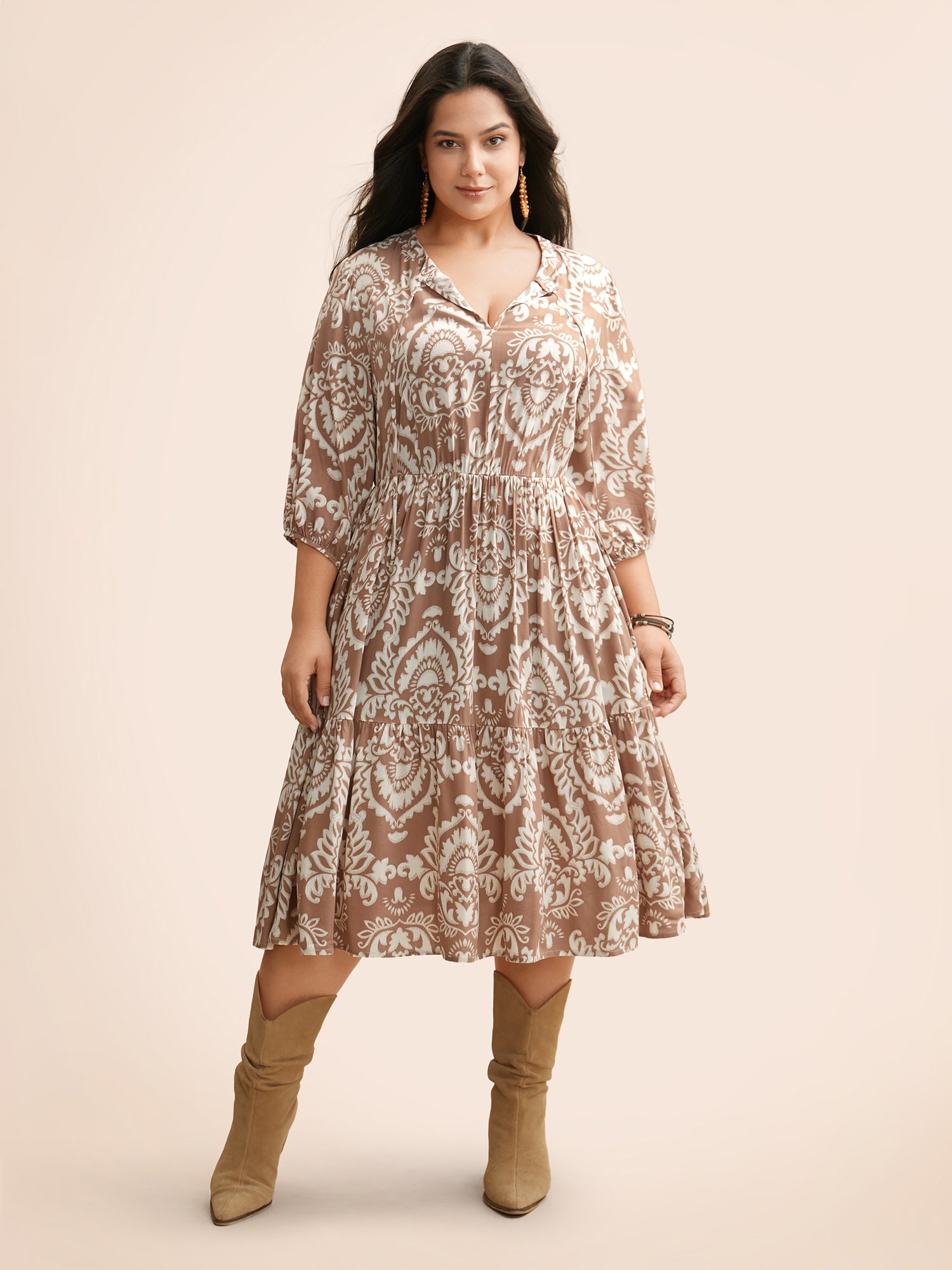 Boho Print Tie Knot Puff Sleeve Dress