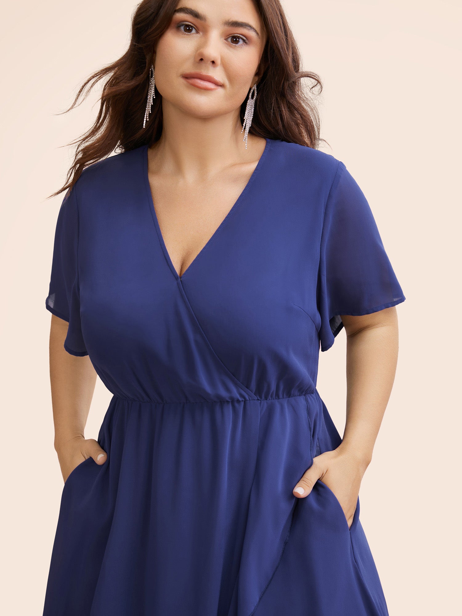 Chiffon Overlap Collar Ruffle Sleeve Dress