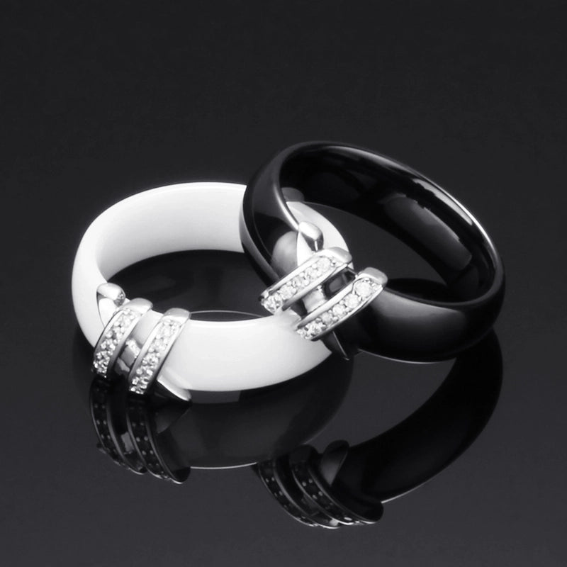 Creative Ceramic Black White Double X Inlaid Diamond Titanium Steel Ring