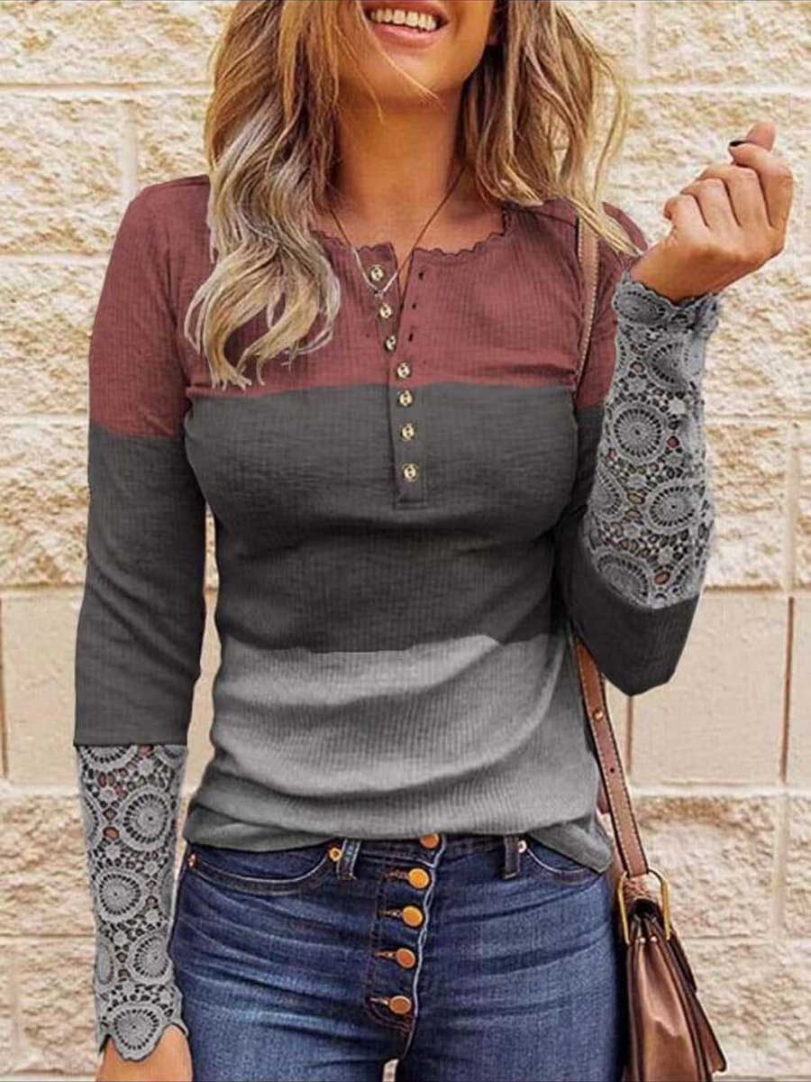 Round Neck Stitching Lace Long Sleeve T-Shirt(14 colors)