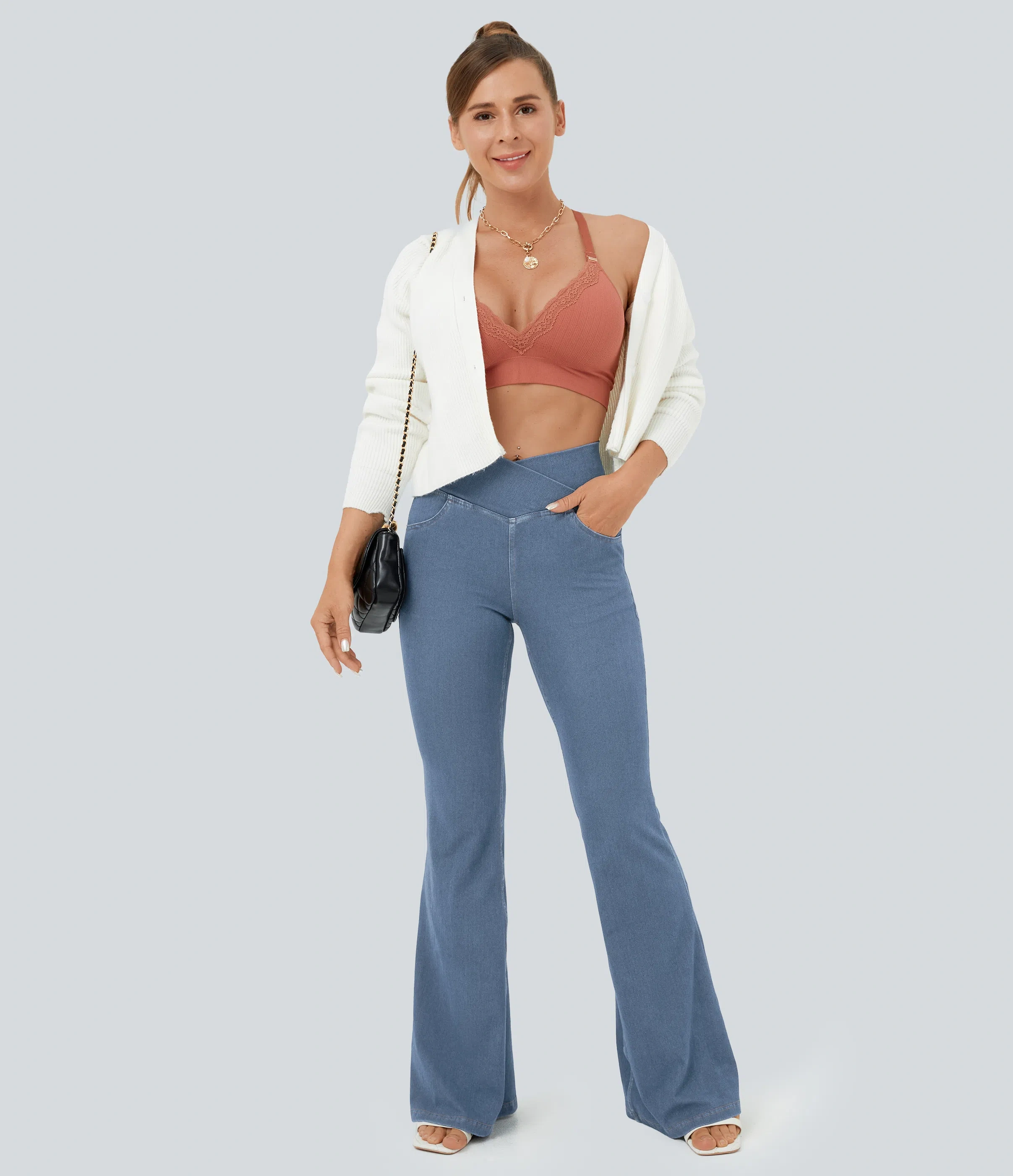 ⚡8 Packs for $25.95⚡- High Waisted Crossover Pocket Washed Stretchy Knit Casual Super Flare Jeans