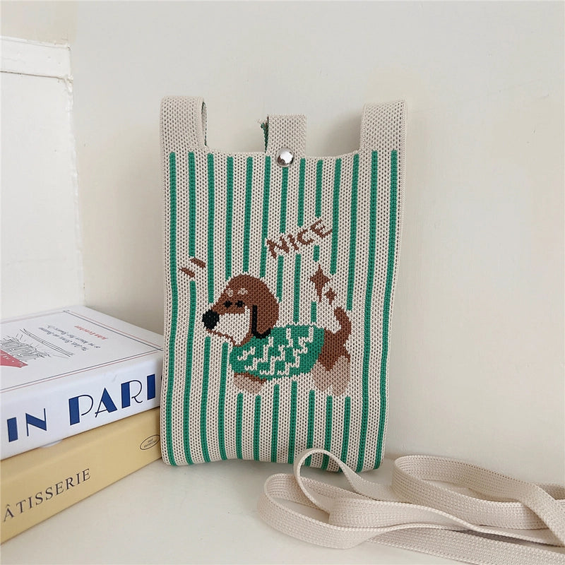 Women's Small Knit Cartoon Cute Bucket Magnetic Buckle Phone Wallets