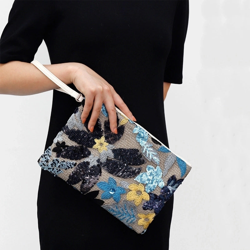 Orange Purple Green Straw Flower Square Clutch Evening Bag