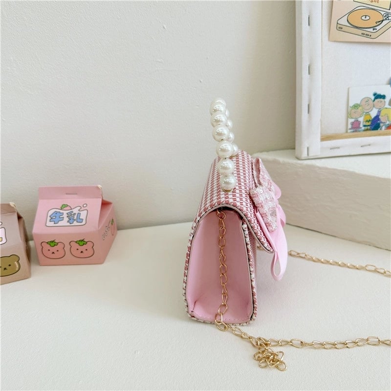 Girl's Pu Leather Houndstooth Bow Knot Cute Pearls Sewing Thread Square Magnetic Buckle Handbag