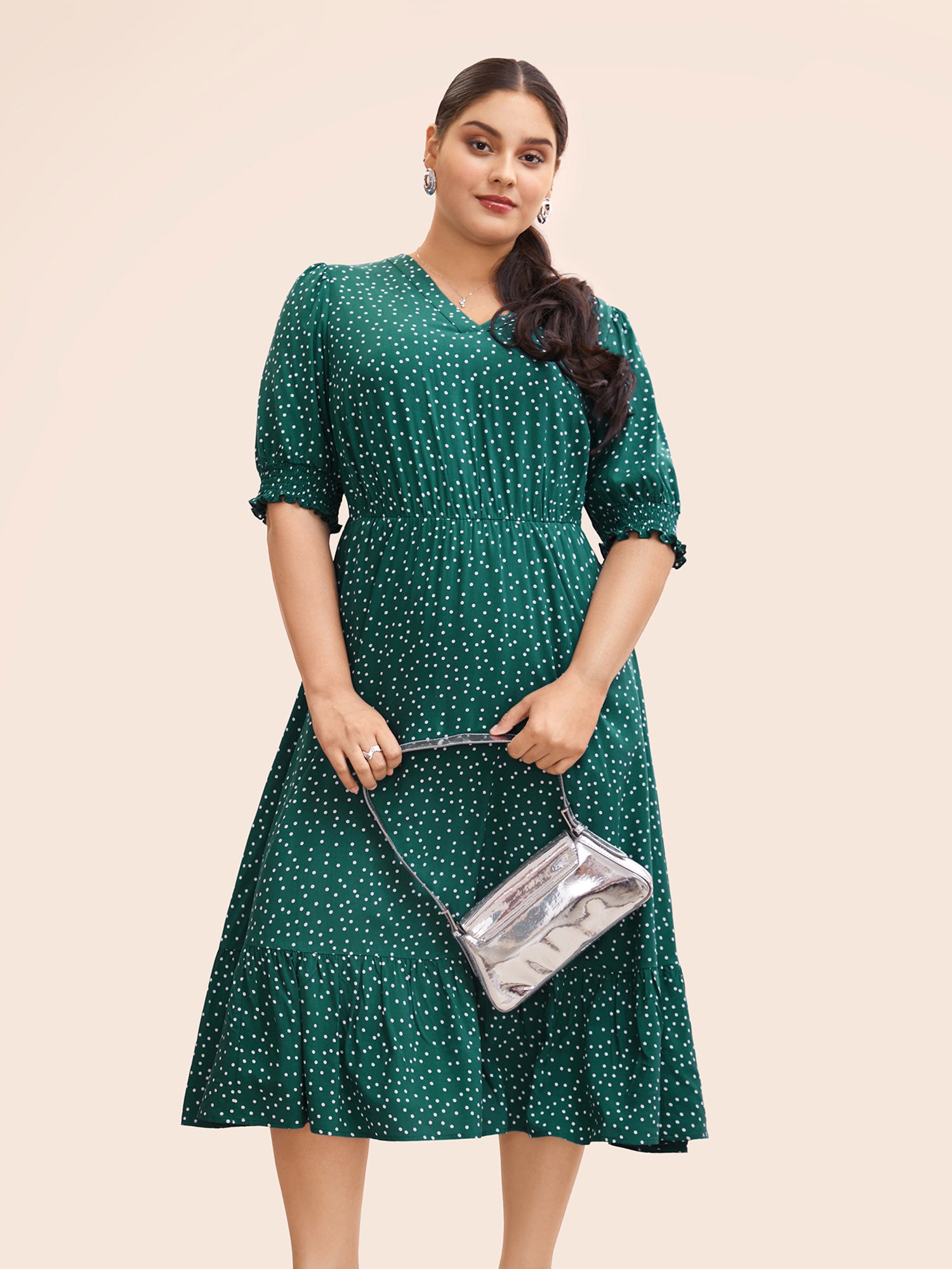 Polka Dot Shirred Pocket Flutter Hem Dress