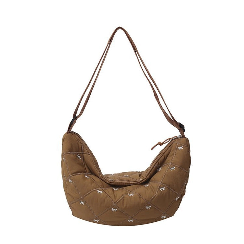 Women's Canvas Lingge Bow Knot Classic Style Dumpling Shape Zipper Shoulder Bag Crossbody Bag