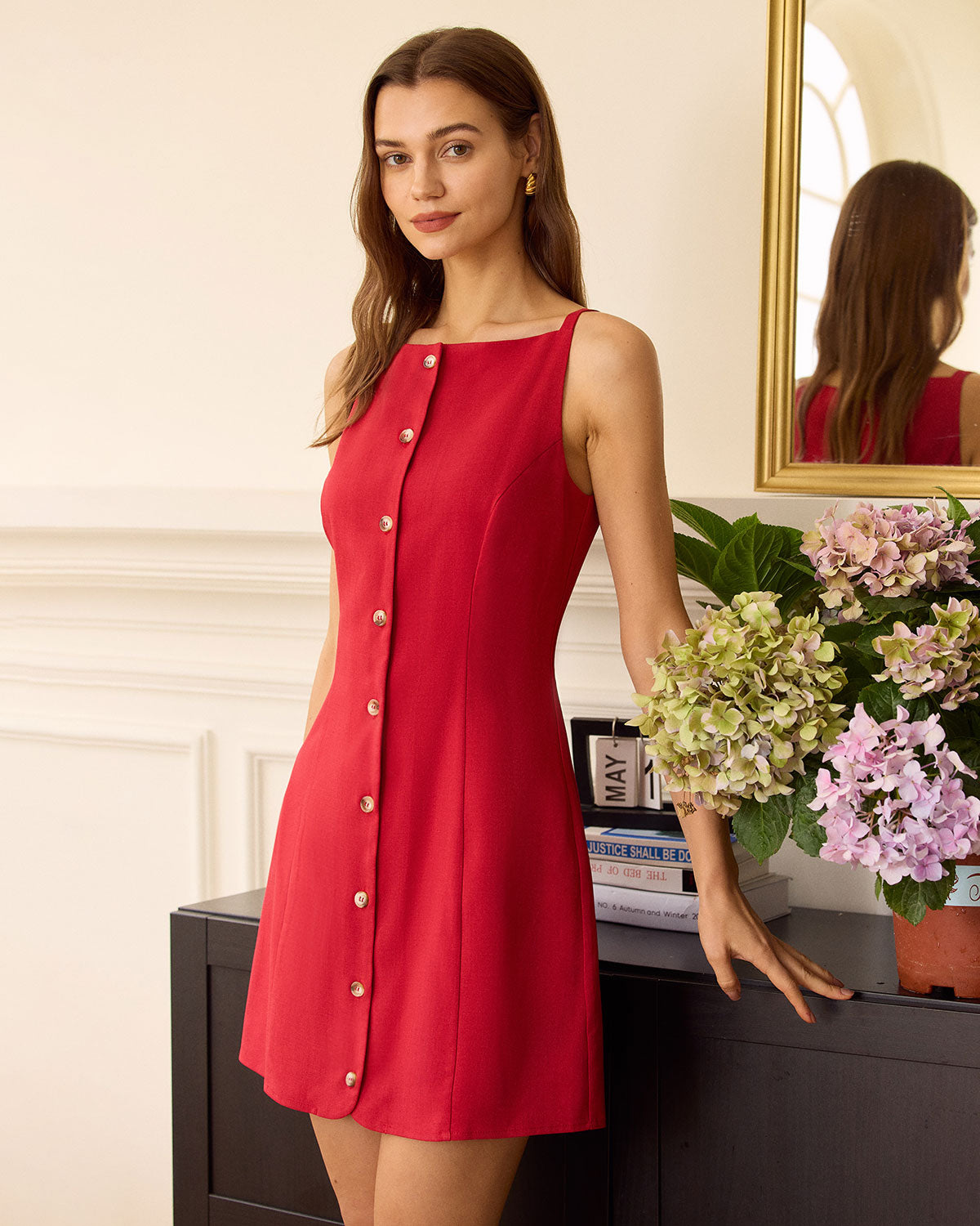 The Red Boat Neck Button Mini Dress