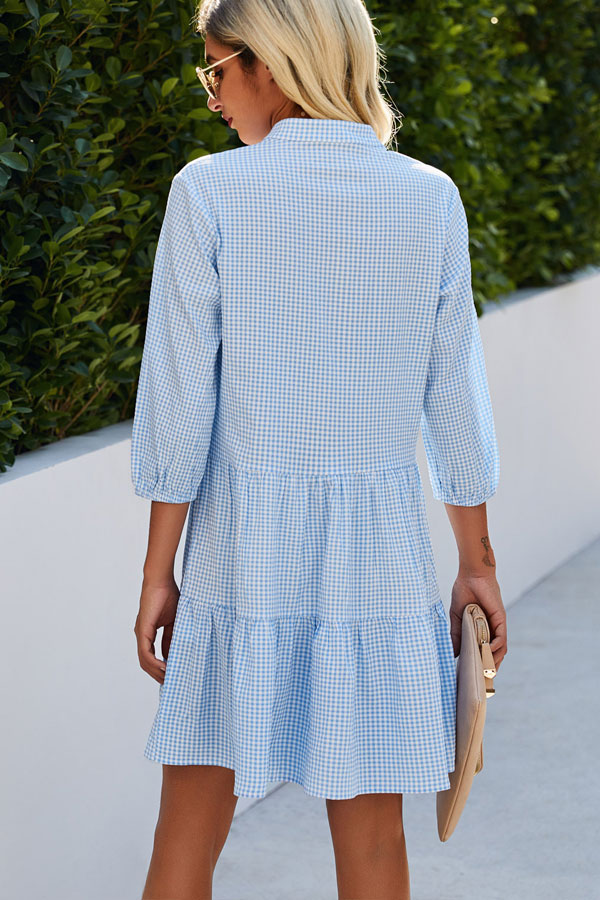 Plaid Print Button Up Split Neck Tunic Dress