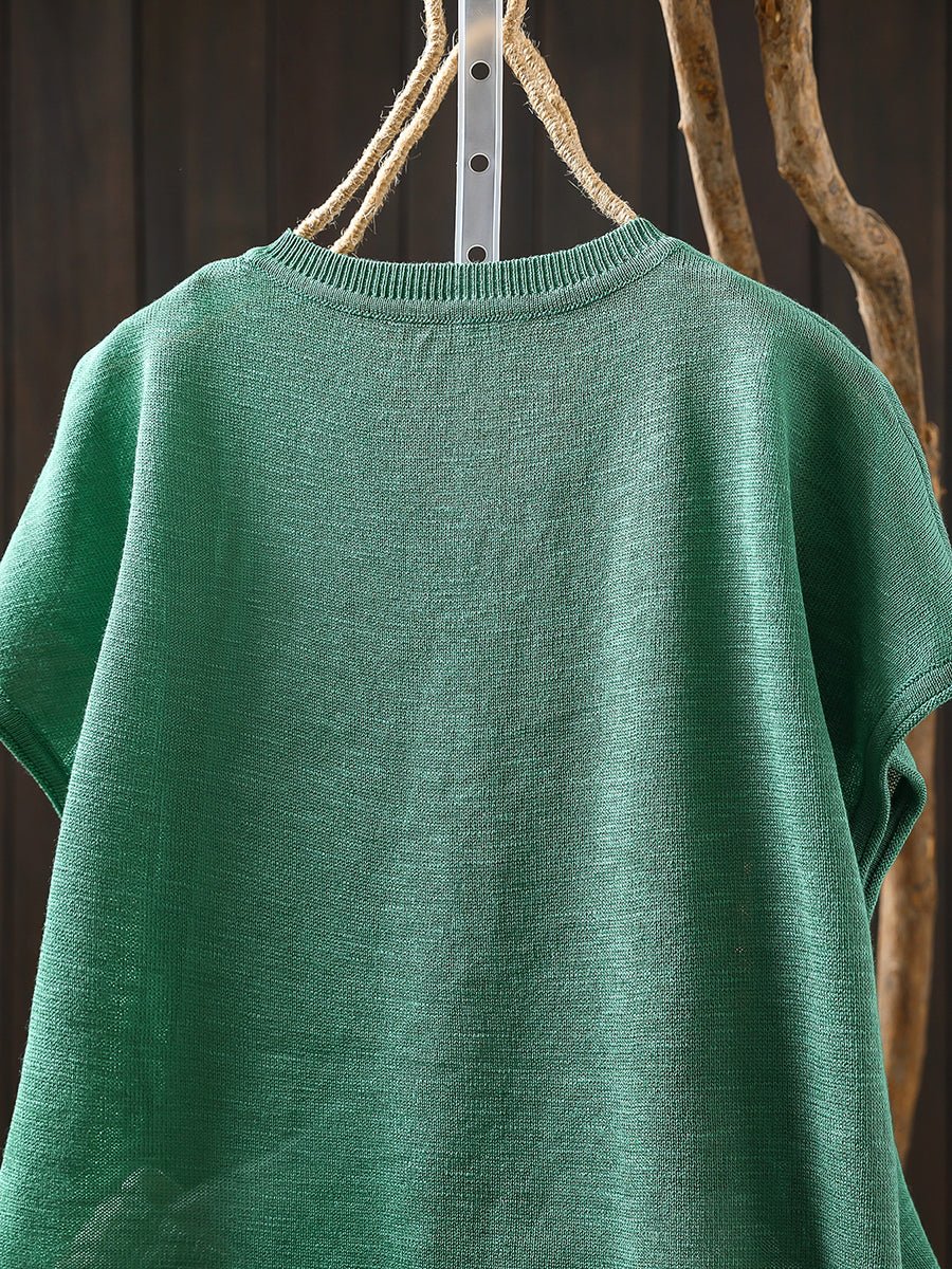 Women Summer Casual Pure Color Knitted V-Neck Shirt