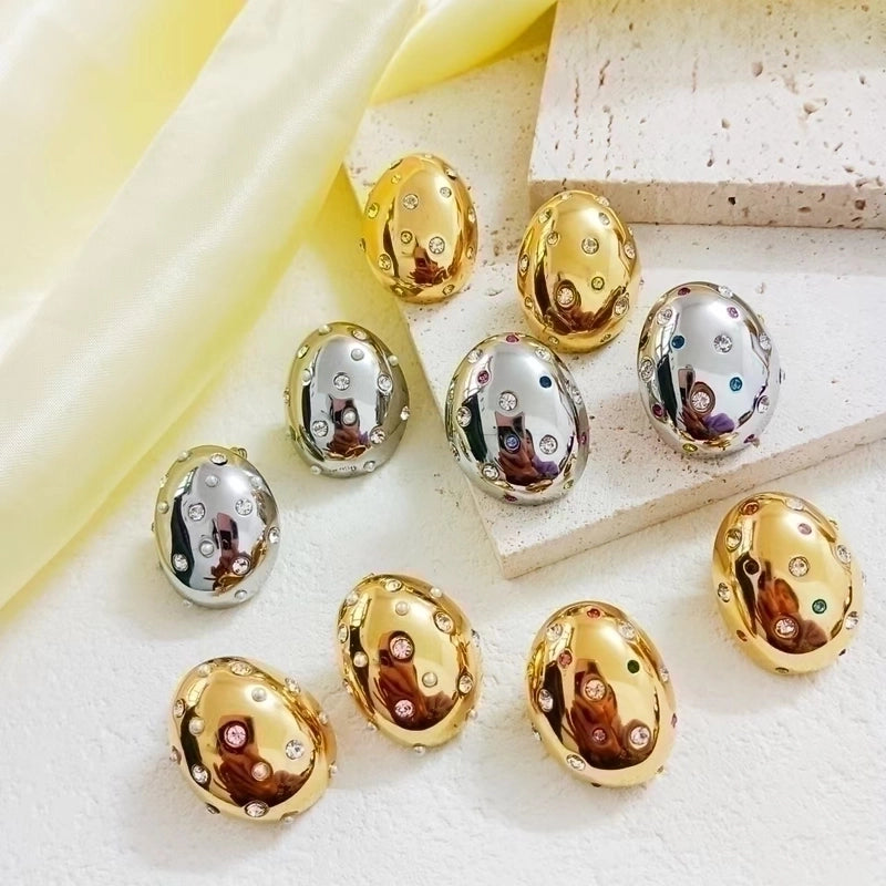 1 Pair Minimalist Classic Style Oval Inlay 304 Stainless Steel Rhinestones 18K Gold Plated Ear Studs