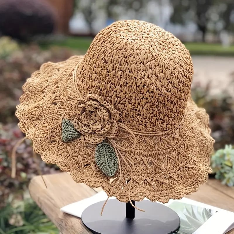 Elegante Sombrero De Paja De Crochet Con Detalle De Volantes