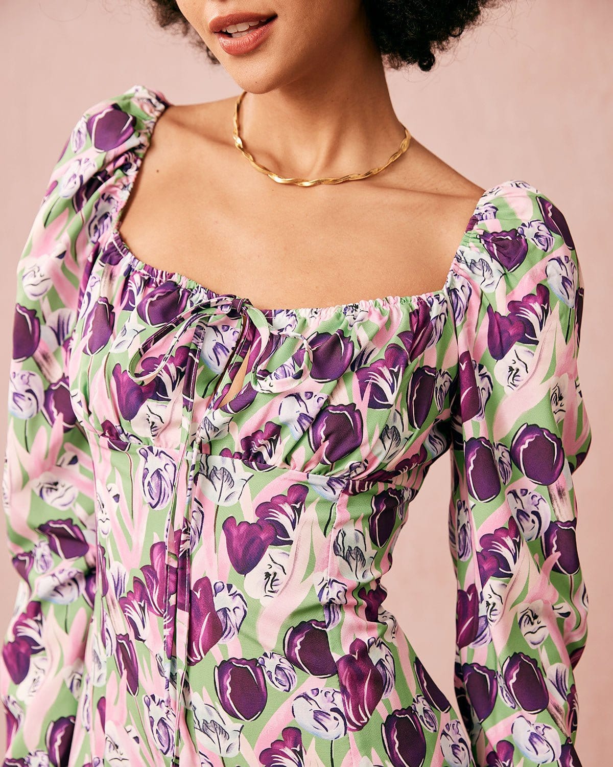 The Purple Square Neck Floral Long Sleeve Mini Dress