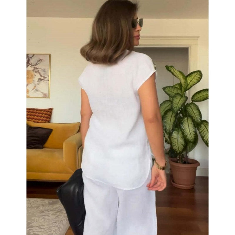 CASUAL SOLID COLOR COTTON AND LINEN PANTS TWO-PIECE SET