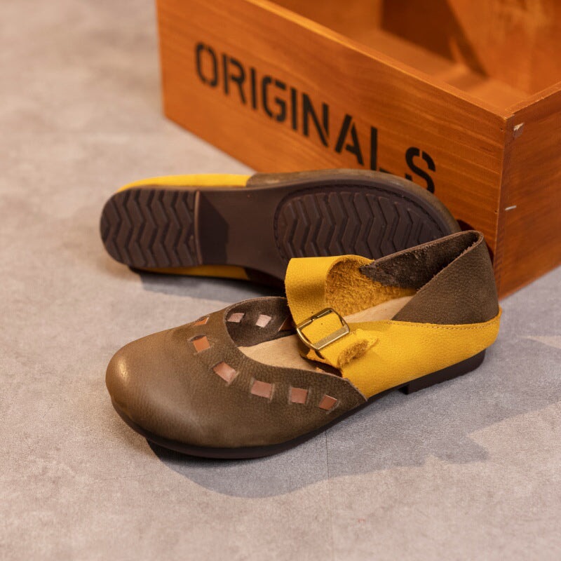 Distinctive Leather Mary Jane Flats Round Toe Buckle Strap Casual Shoes in Yellow Coffee/Yellow Brown