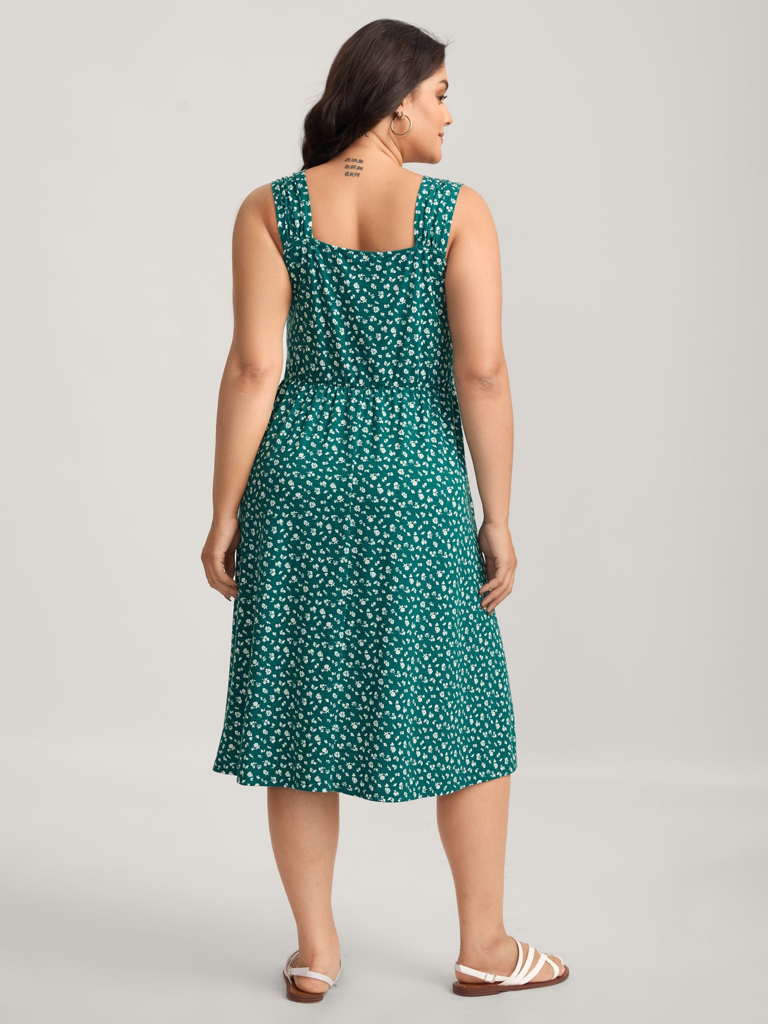 Ditsy Floral Print Knit Pockets Midi Dress