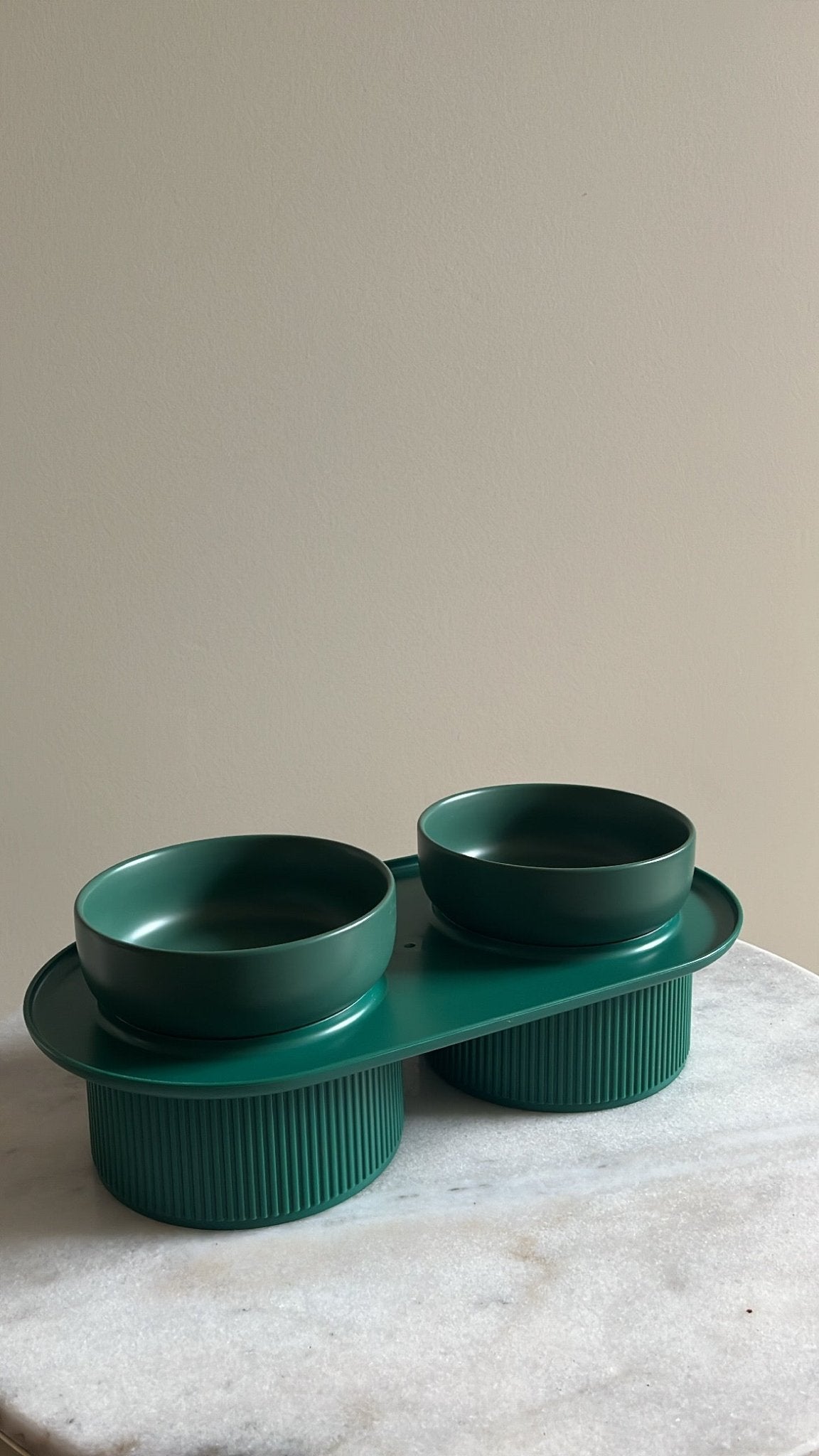 Pre Order - Ribbed Ceramic Double Pet Bowl 3pc Set - Emerald