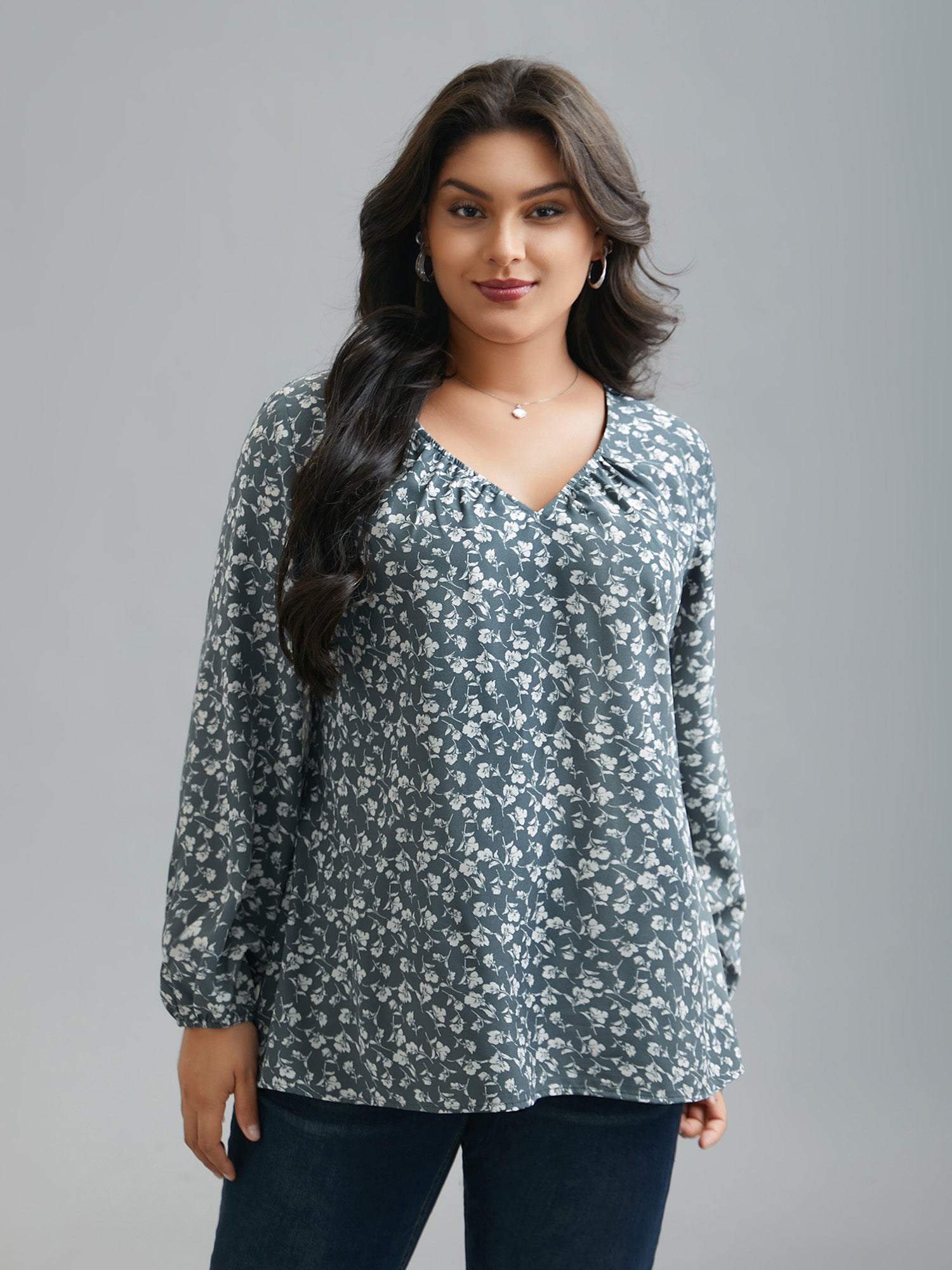 V-Neck Floral Pleated Blouse