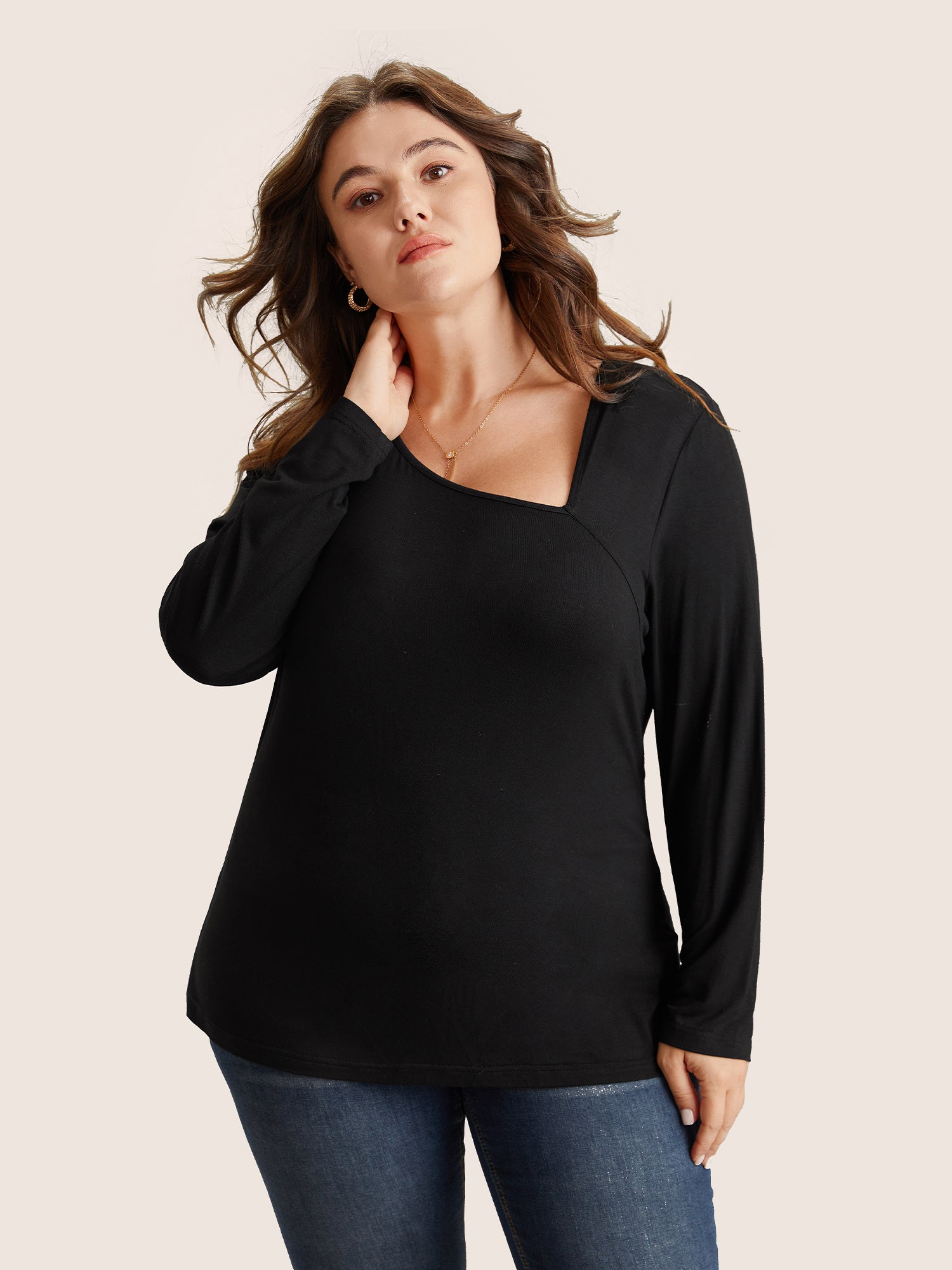 Solid Asymmetrical Neck Knit T-shirt