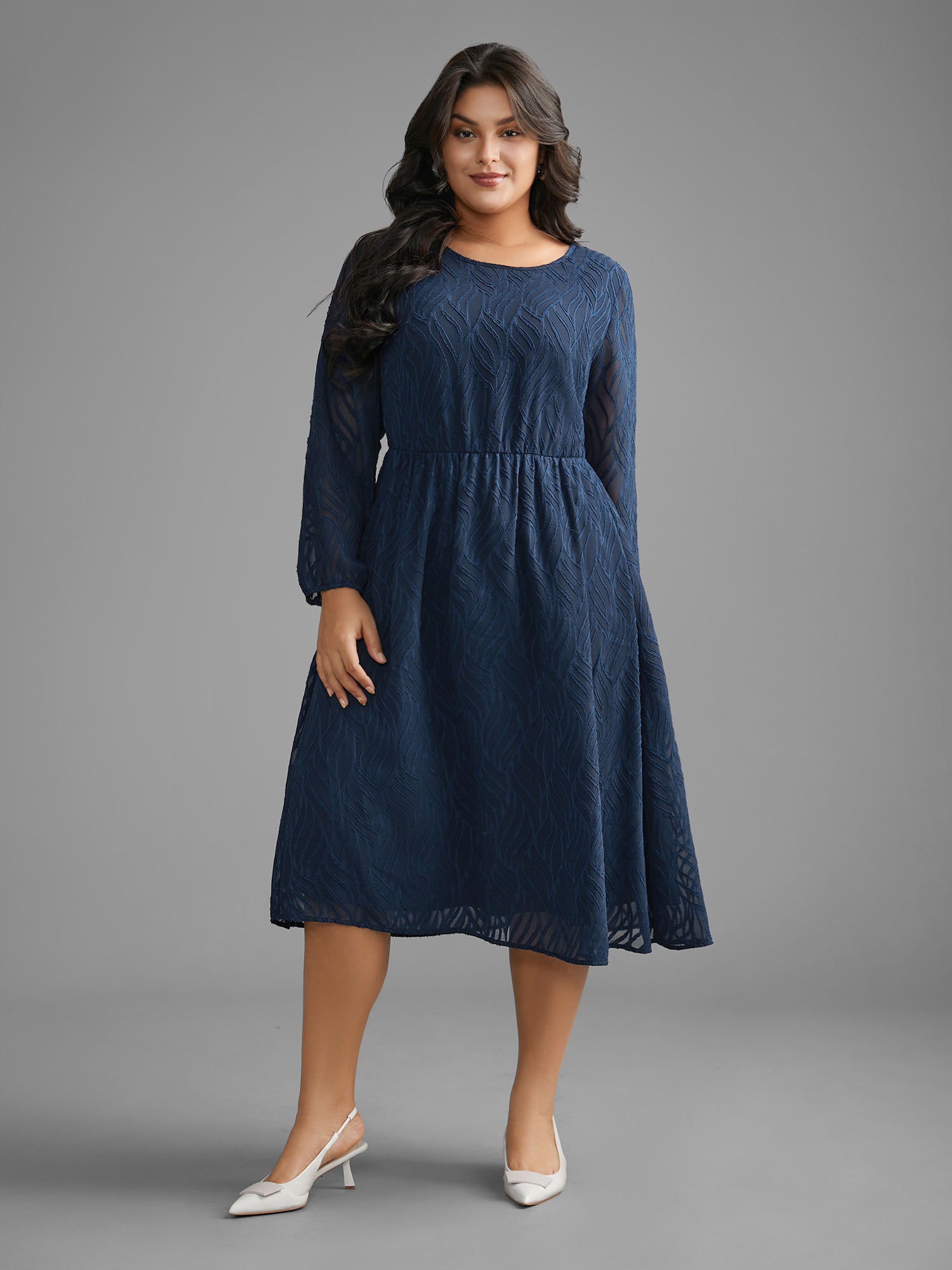 Textured Chiffon Lantern Sleeve Midi Dress