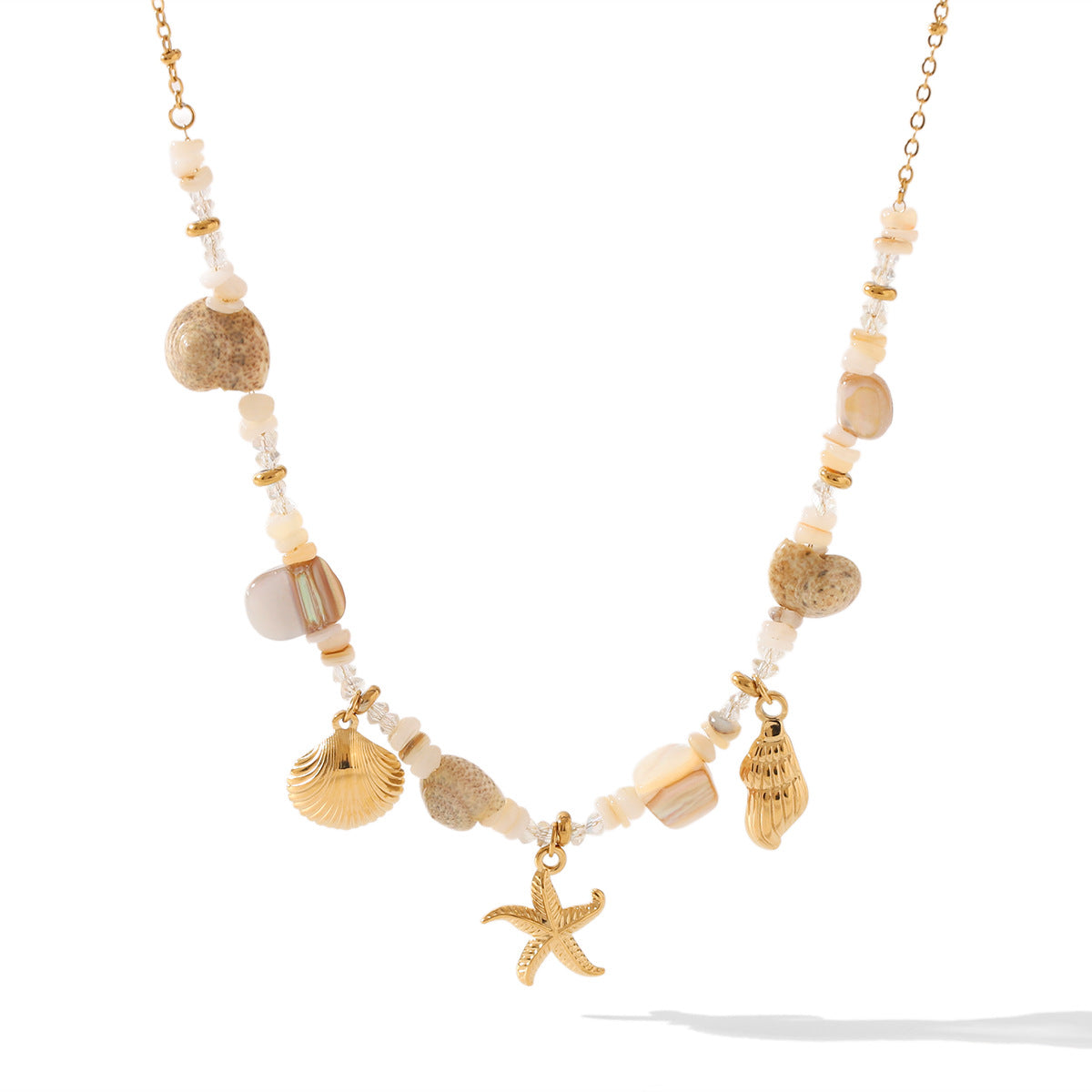 Stainless Steel Conch Starfish Shell Pendant Necklace Summer Ocean Style Shell Beaded Necklace