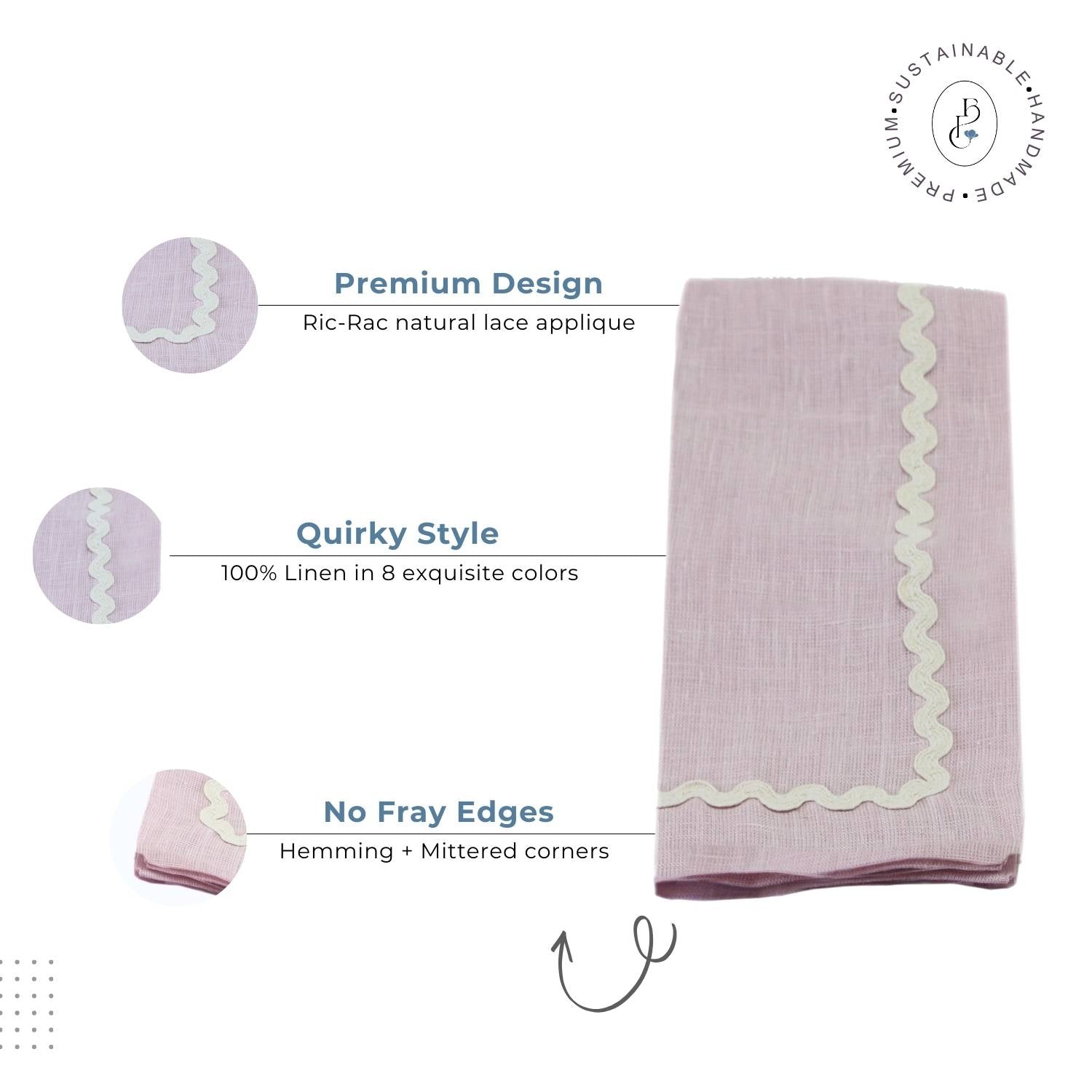 Dusty Rose Rick Rack Lace 100% Linen Napkins