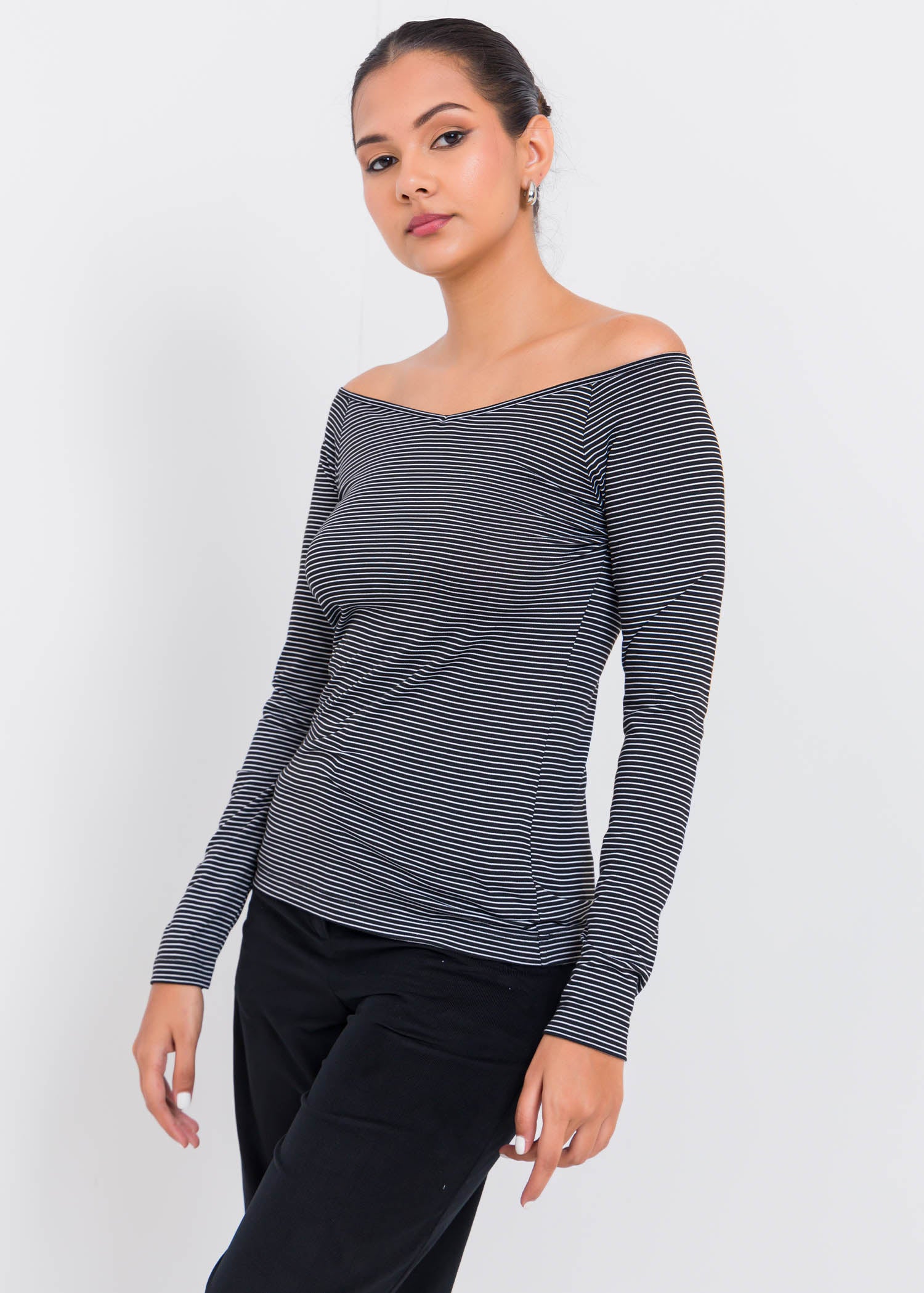 Wide Neck Long Sleeve T Shirt