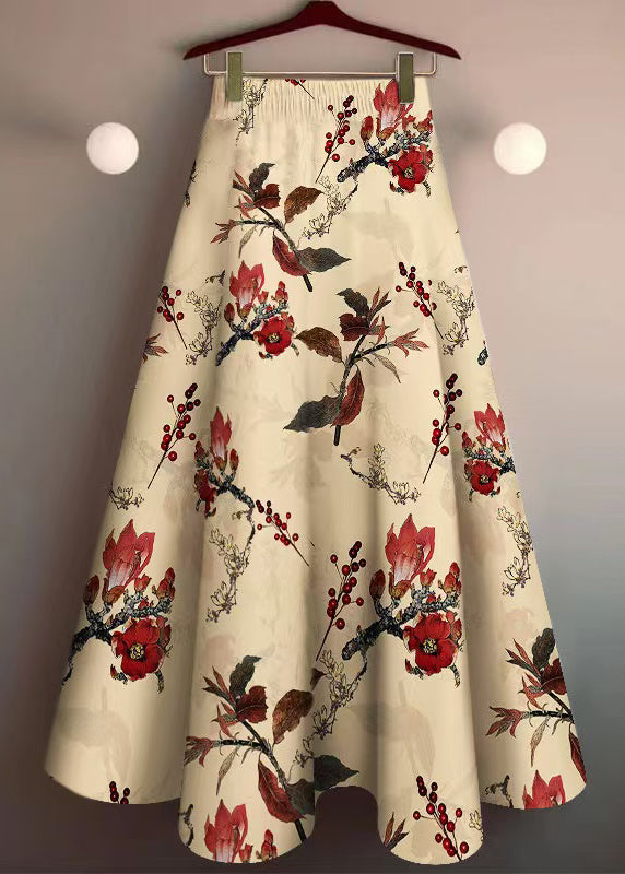 Elegant Khaki Print Elastic Waist Cotton Skirt Summer