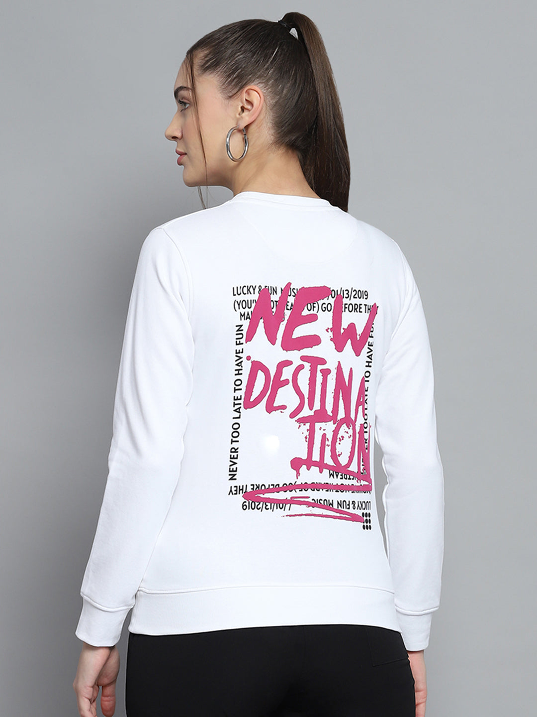 Women White Printed Round Neck Full Sleeve Sweatshirt