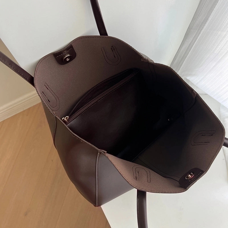 Women's Large Pu Leather Solid Color Classic Style Magnetic Buckle Tote Bag
