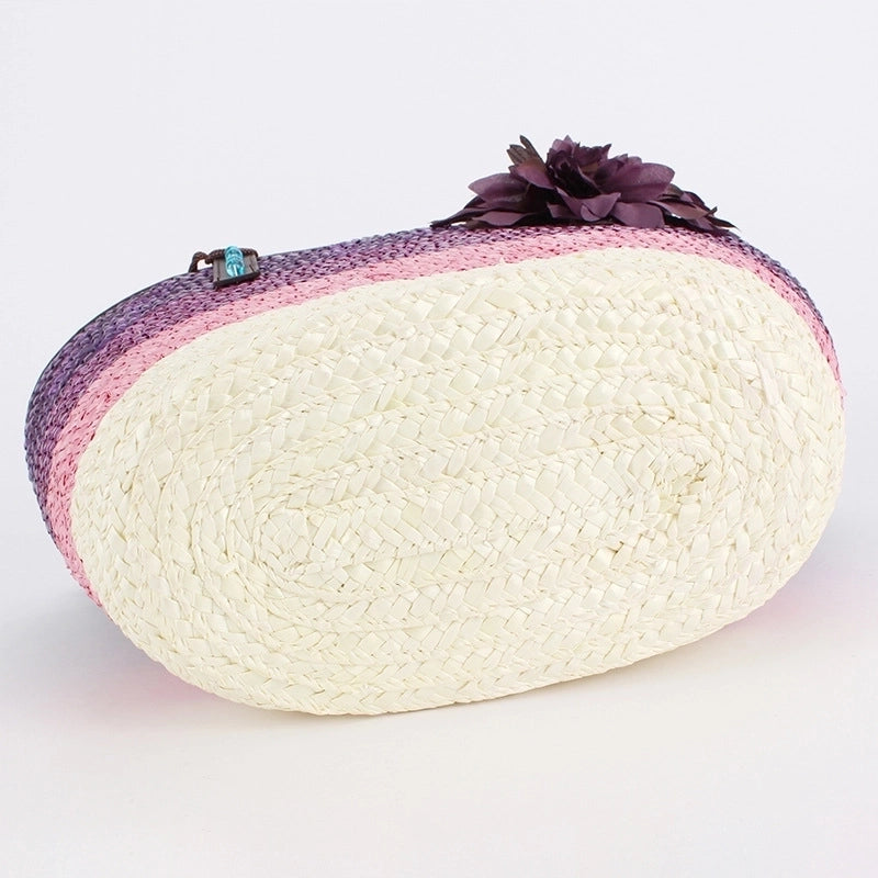 Women's Large Straw Color Block Vacation Beach Weave Bucket Zipper Beach Bag